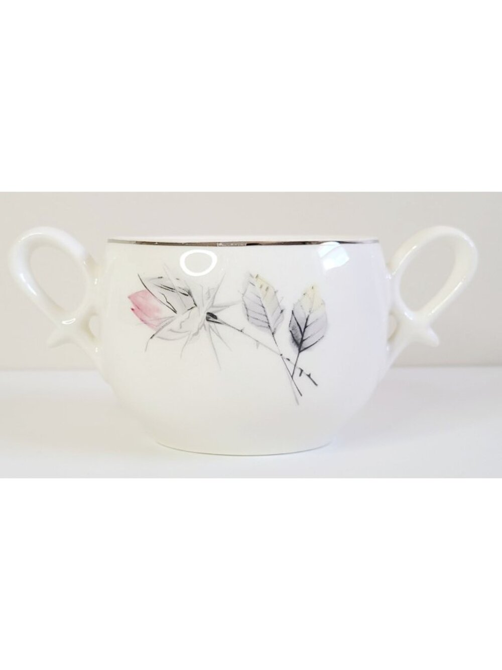 MCM Porcelain Sugar Bowl Pink & Gray Floral Design Silver Trim Vtg Tableware
